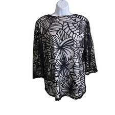 Chico's Womens Black Floral Appliqué Lined Top Size 2 Large Statement Moto Boho picture