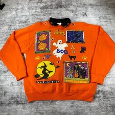 Vintage Fresh Paint Halloween Sweatshirt XL Orange Hand Painted Boo Witch USA picture