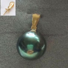 Gorgeous AAAA 10-11mm Natural Black Green South Sea Round Pearl Pendant 14K Gold picture