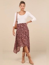 NWT Lulu’s Brown Floral Asymmetrical Midi Skirt - XL picture