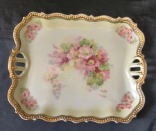 Antique PK Silesia Pink Rose Yellow Tint Handled Dresser Tray Early Eagle Mark picture
