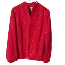 Chicos Flora Shine Maxwell LG Jacket Vamp Red Gold Floral Jacquard Size 1 Medium picture