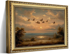 Vintage Gold Framed Wall Art, Classic Sunset Oil Painting Wall Decor, Rustic Fly picture
