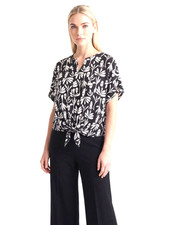 Chicos Blouse Women's Size 2 Black & White Tie Front, Balloon Sleeves Flawless picture