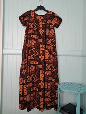 Vintage Homemade Hawaiian Aloha MCM 60's Dress Sz M/L Cotton Orange Tapa Print  picture