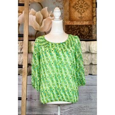 NWT Banana Republic Teal Geometric Smocked Neck Blouse Green Petite Medium picture