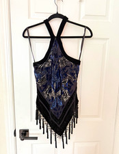Vintage Cache Women’s Halter Top M Black/Blue/Silver Velvet Floral Beaded Fringe picture