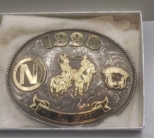 LARGE WAGE'S 1998 ACTRA #8 4 STEER TROPHY BUCKLE 1/20 14k GF SILVER OVERLAY VNTG picture