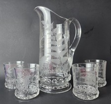 19c Victorian Fern Engraved Etched Pressed Glass Lemonade Pitcher w 4 Glasses picture