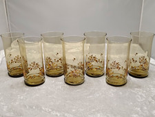 Vintage Libbey Tawny AmberGlass Floral Tumblers Set of 7 1970s MCM Drinkware Lot picture