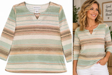 Alfred Dunner Women M Metallic Gold Shimmer Striped Knit Top 3/4 Sleeve picture