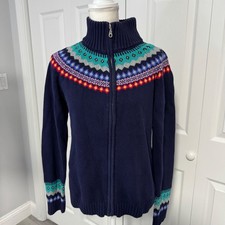 Talbots Womens Navy Blue Fair Isle Full Zip Cardigan Sweater Mock Neck Large picture