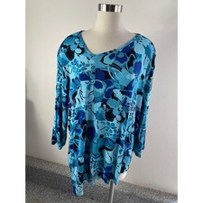 NEW Slink Brand Womens Plus 3X Blue Floral V Neck Asymmetric Tunic Top Stretch picture