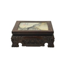 Square Dream Stone Inlaid Rosewood Foo Dog Lions Motif Display Stand GB774 picture