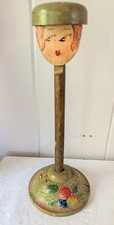 Vtg Hand Painted Wood Art Deco Flapper Head Hat Millenery Stand Floral Base picture