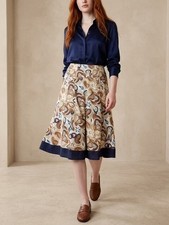 Ann Klein Printed Midi Skirt with Navy Border, Size 10 picture