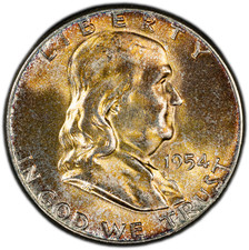 1954-P PCGS MS64 Franklin Half | Gorgeous Golden Rainbow Toning | Vibrant Color picture
