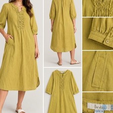 Boden Midi Dress Womens 10L Yellow Excellent Linen Pintuck Ruffle Pocket Shift picture