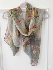 Elegant 100% Pure Silk Chiffon Long Scarf Muted Semi Sheer Floral Wrap 18