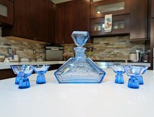 Antique Czech Bohemian Art Deco Cut Crystal Decanter Set c1930s Bright Blue 7pc picture