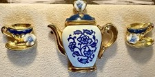 VTG Avon Tea Time Jewelry Set Pin Brooch & Earrings Blue Teapot Porcelain Rose picture