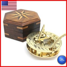 THOR INSTRUMENTS Nautical Solid Brass Round Sundial Compass Rosewood Box, Brass picture
