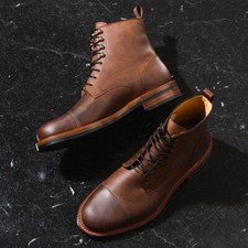 Handmade Antique Brown Pull up Leather Ankle Boots, Men Cap Toe Ankle Boot picture