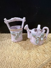 VTG Sterling China Japan Pink Ceramic Wishing Well and Watering Can Planter Set picture