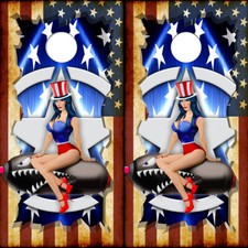 Pin Up Flaming American Flag Cornhole Board Wraps ONLY Vinyl Decal 2 Pack picture