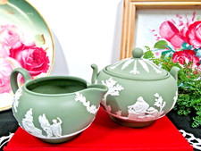 1950s Wedgwood Green Jasperware Sugar and Creamer Set- 2 Pieces  A/F picture