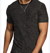 SHEIN Men's Black/Silver Striped Metallic Knit Crew Neck T-Shirt, M picture