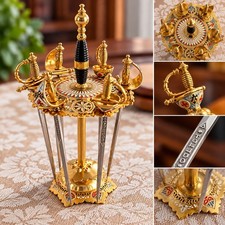 Vintage Toledo Spain Sword Cocktail Picks Set 6 Swords Enamel Gold Tone Stand picture