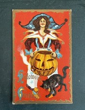 Antique 1910s Halloween embossed smoking JOL pumpkin black cat post card unused  picture