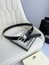 Montblanc Men's Black Brown Leather Belt Silver Pin Buckle Reversible With Box picture