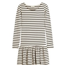 Ganni Striped Long Sleeve Ruffle Drop Waist Mini Dress Small Cream Navy Blue picture