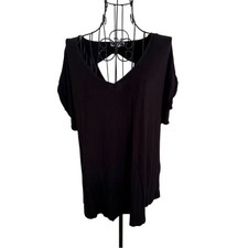 Pleoine Women's Black open back V-Neck Short Sleeve Top S Casual vintage soft picture