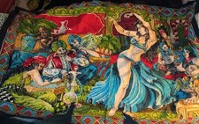 Vintage 1970s Turkish Velvet Harem Tapestry - 100% Cotton Base Sultan Scene Wall picture
