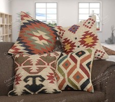 Hand Woven Jute Kilim Cushion Covers 18x18 Vintage Boho Pillows - 4 PCS Set picture