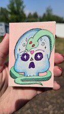 ACEO original art card Skull and Snake Halloween Spooky Cute Sunspot Artistry picture