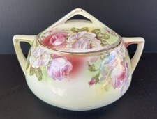 O & EG Royal Austria Porcelain Hand Painted Biscuit Jar With Pink Roses c1899 picture
