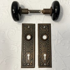 Antique 1880s Eastlake Door Knob Set Black Porcelain Knobs Brass Backplates picture