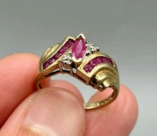Estate 10k Yellow Gold 2.7g Ruby Genuine Diamond .35 Ctw Waterfall Ring Sz 6.75 picture