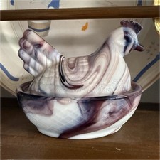 vintage purple and white (amethyst slag) glass hen on nest covered dish picture