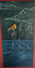 Gorgeous Original Woman Holding Bird Painting Ocean Cloud On Canvas 24x48 Custom picture