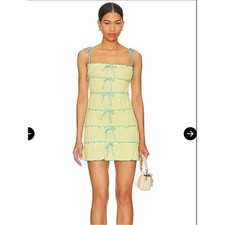 MAJORELLE Revolve Mathilda Pale Yellow Smocked Mini Dress with Aqua Ties picture