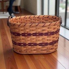 Amish Handmade Medium Oval Laundry Basket Solid Oak Bottom Leather Handles picture