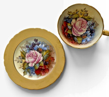 Vtg Aynsley J.A. Bailey Cabbage Rose Tea Cup Dessert Plate Gold Bone China picture