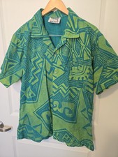 VINTAGE Tahiti Beach Lg. Hawaiian Shirt,camp,tapa,geo,green,teal,lime,80's,orig. picture