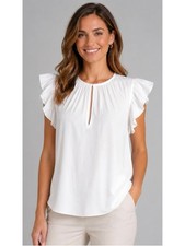 NWT Ramy Brook Blouse M Ivory Ruffle Sleeve Keyhole Neck picture