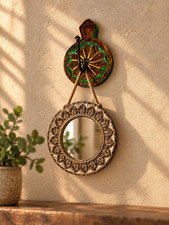Indian Wooden Wall Hook Hand Painted Green Yellow Rustic Coat Hanger Decor picture